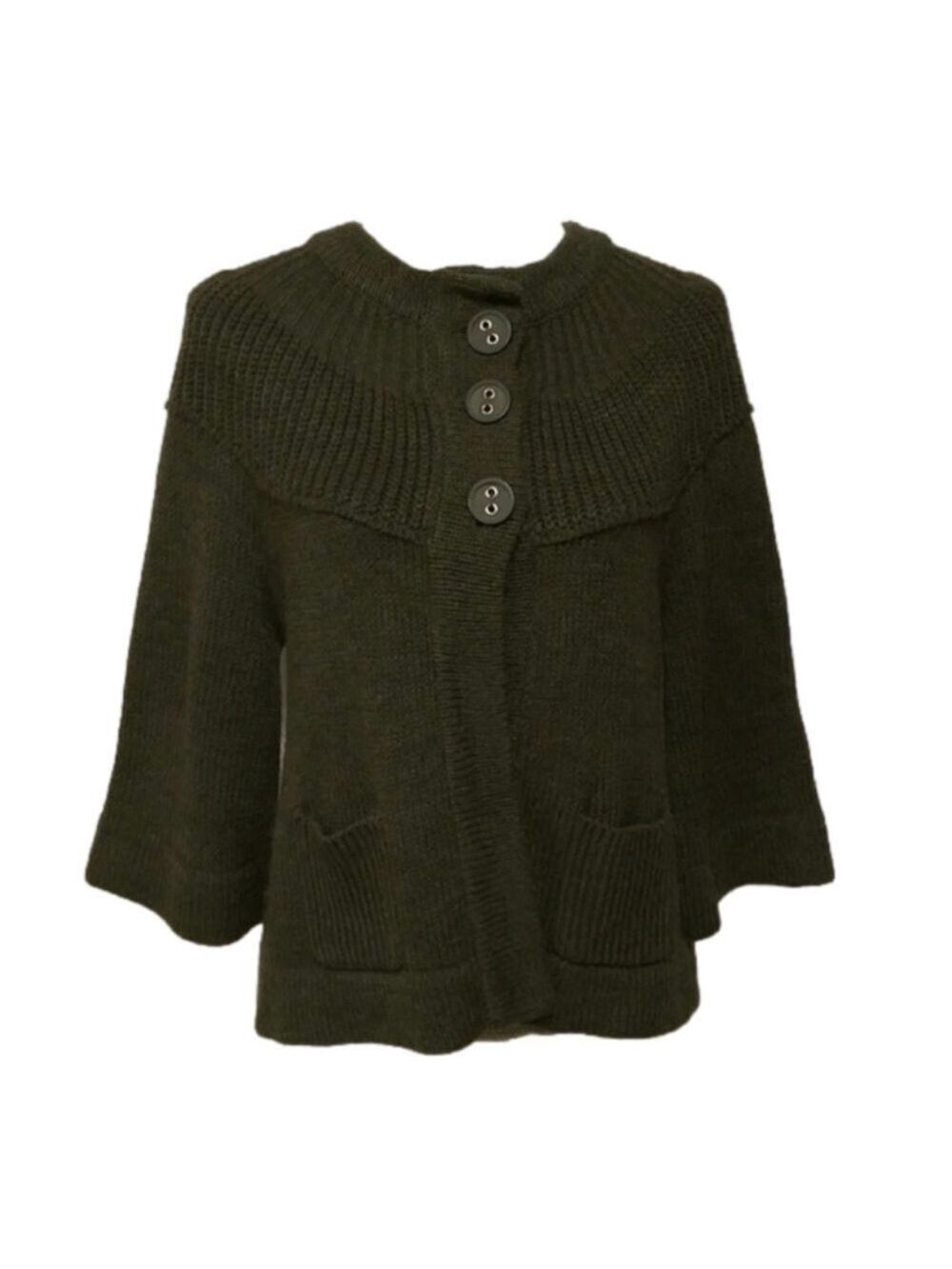 Spunky Green Round Neckline Flare Sleeve Button Up Swing Knit Cardigan Sweater